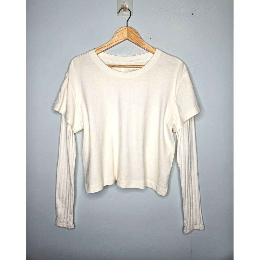 PILCRO Anthropologie Layered Tee Shirt Top L Cream Knit Sleeves Neutral Basic